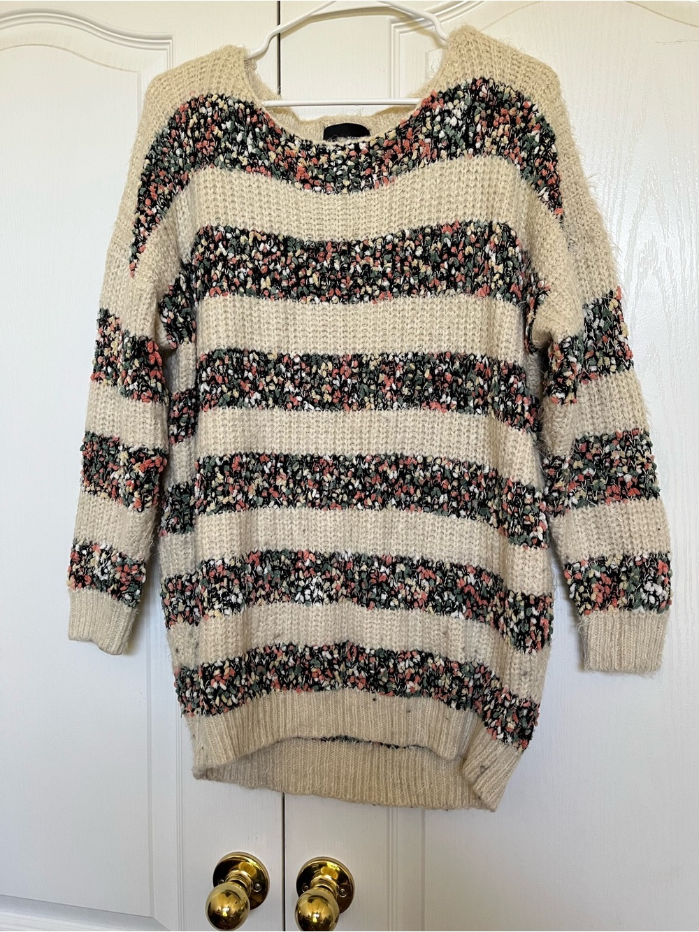 Women's Cream Fuzzy Stripe Scoop-Neck Sweater - Picture 2 of 9